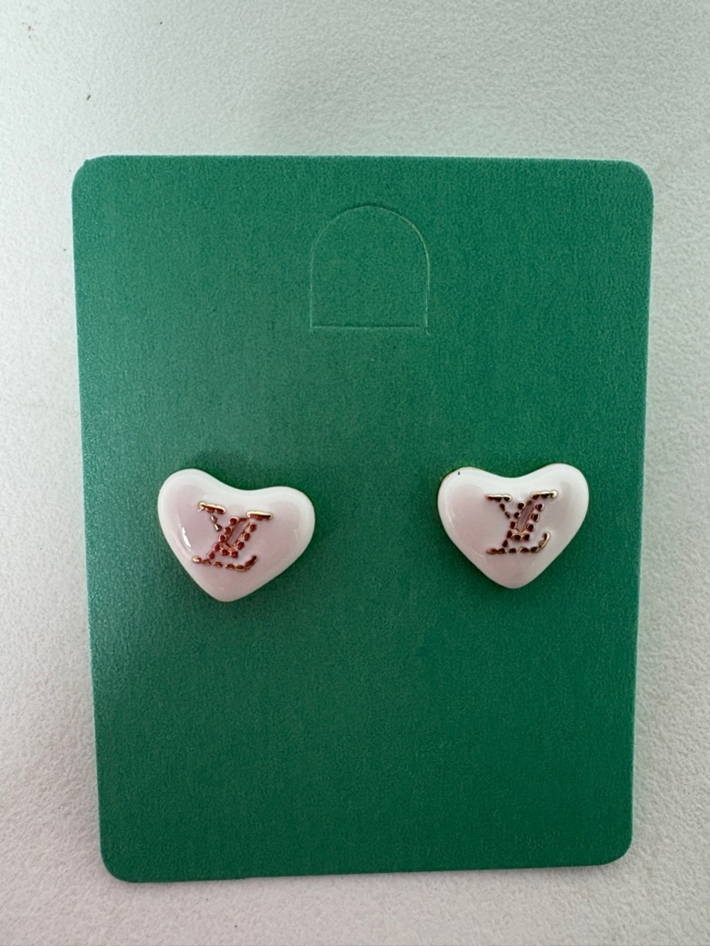 White Heart Stud Earrings with Gold LV Detail